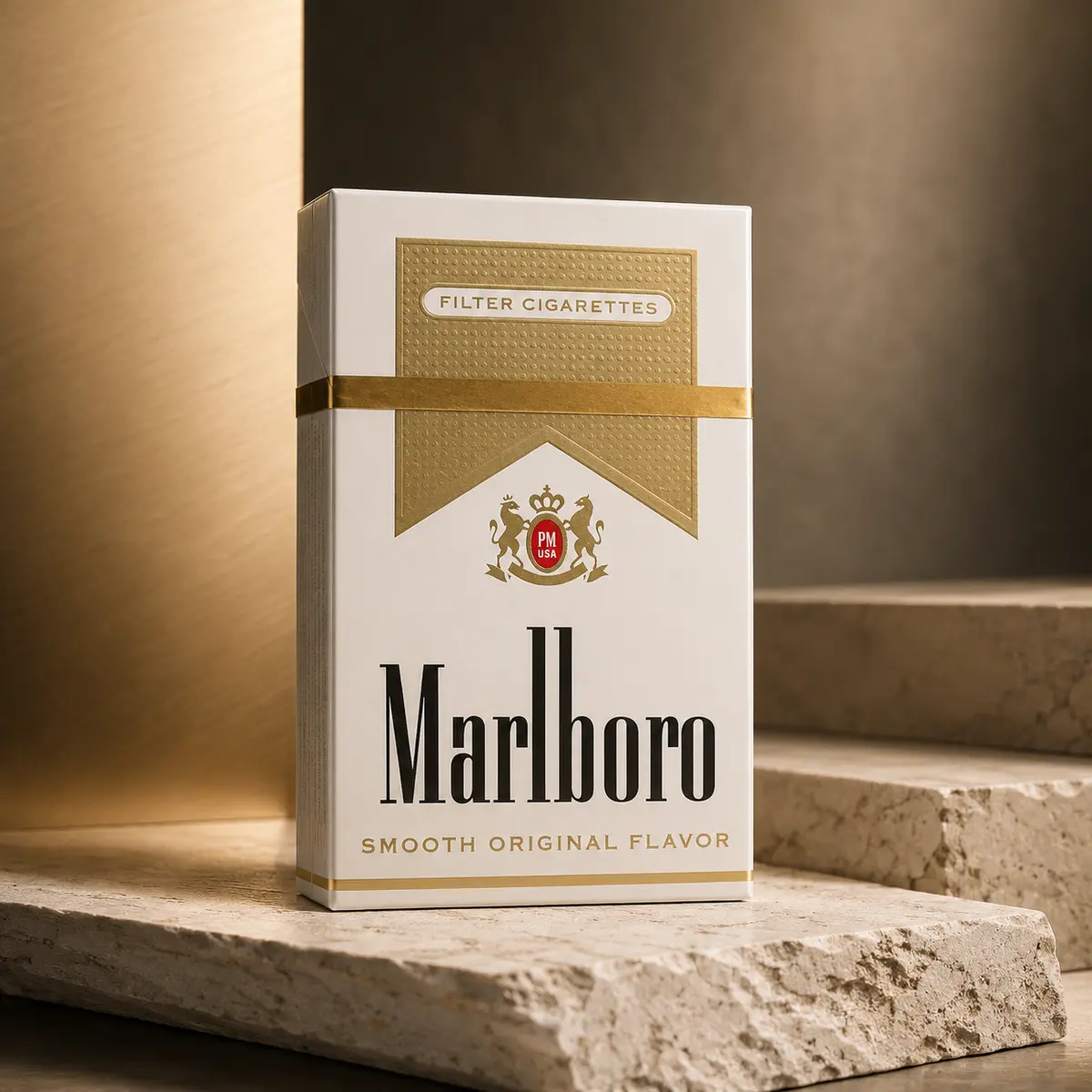 Marlboro Gold unopened retail package on an ivory and gold studio set