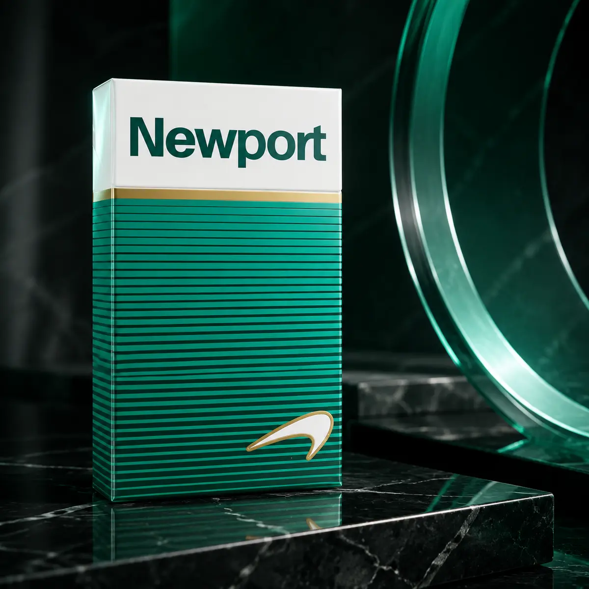 Newport Menthol unopened retail package on a black and emerald studio set